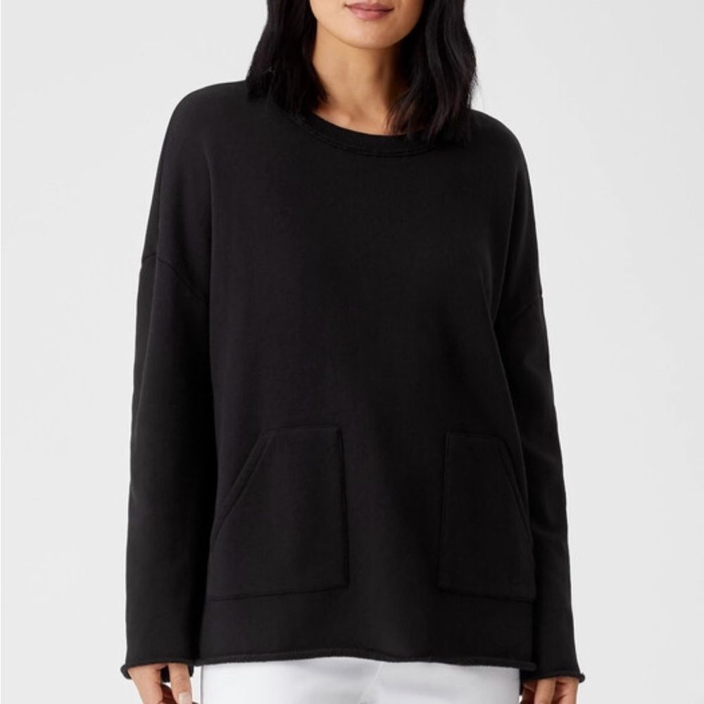 EILEEN FISHER Black Organic Cotton French Terry Boxy Tunic-SP